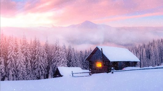 Snowy Landscape and Cozy Cabin screensaver 1